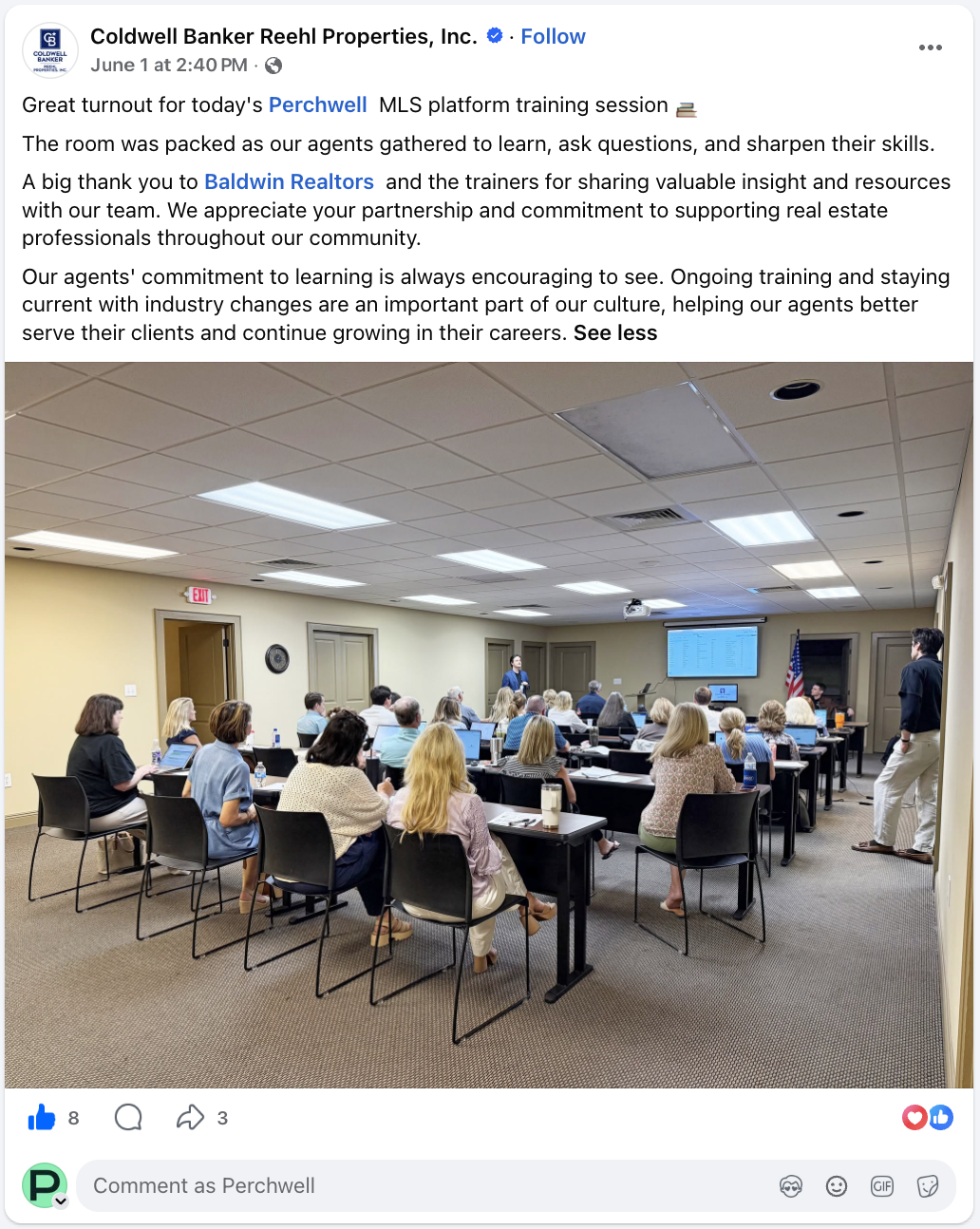 Coldwell Banker Reehl Properties Facebook post about Perchwell MLS platform training
