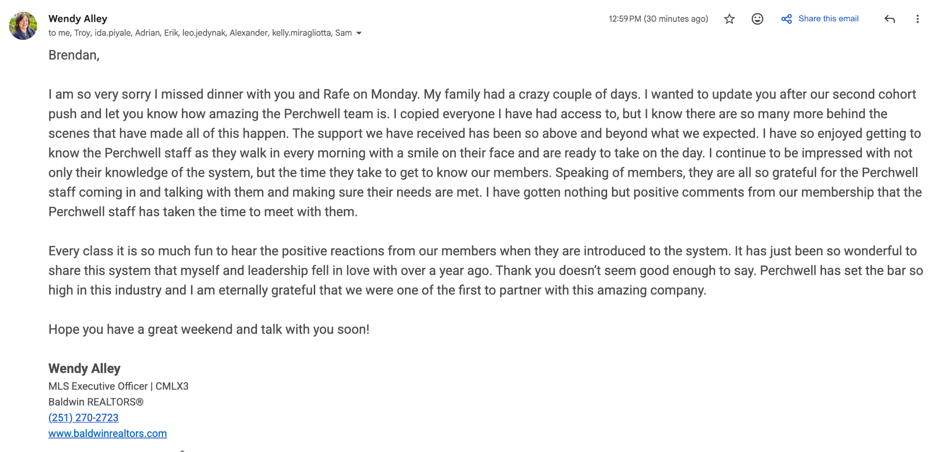 Email from Wendy Alley, MLS Executive Officer at Baldwin REALTORS, praising the Perchwell team and Baldwin launch