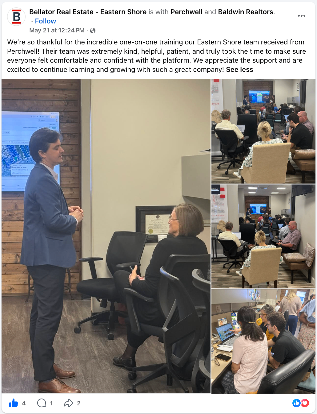 Bellator Real Estate - Eastern Shore Facebook post thanking Perchwell for one-on-one training