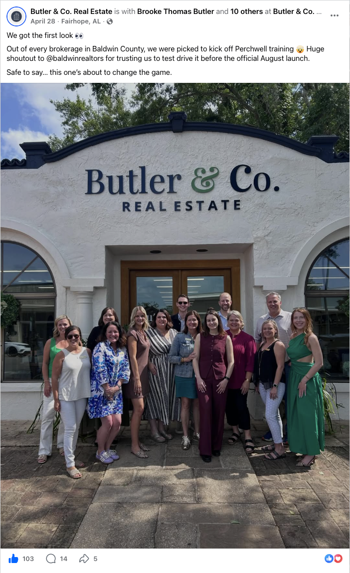 Butler & Co. Real Estate Facebook post about being picked to kick off Perchwell training