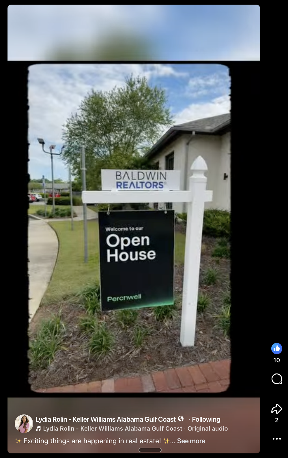 Lydia Rolin (Keller Williams Alabama Gulf Coast) reel featuring a Baldwin REALTORS® x Perchwell open house sign
