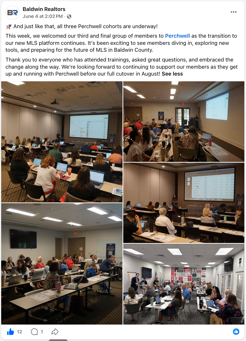 Baldwin REALTORS® Facebook post: all three Perchwell cohorts are underway, June 4