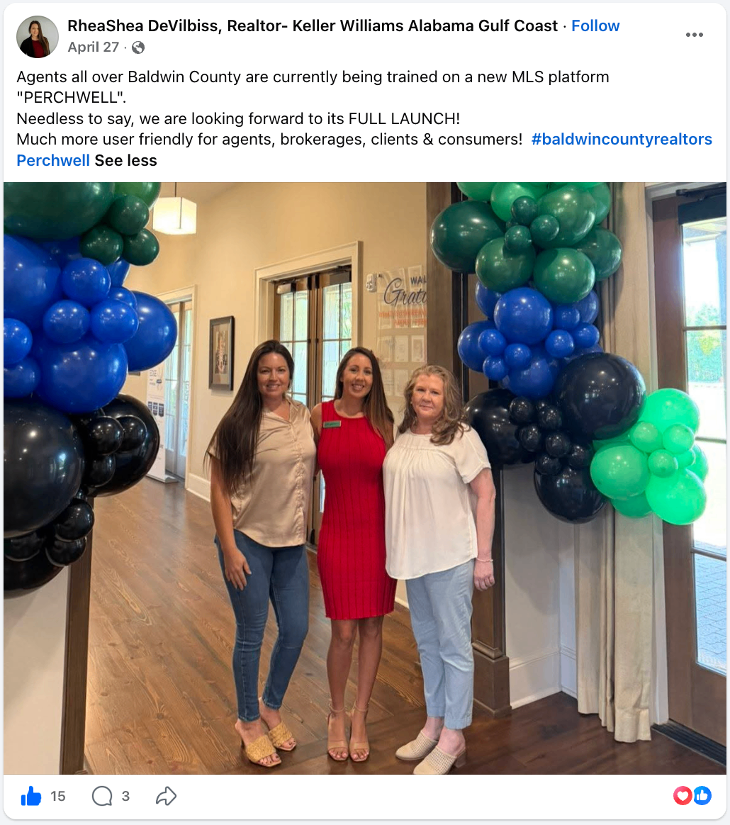 RheaShea DeVilbiss (Keller Williams Alabama Gulf Coast) Facebook post about Perchwell training