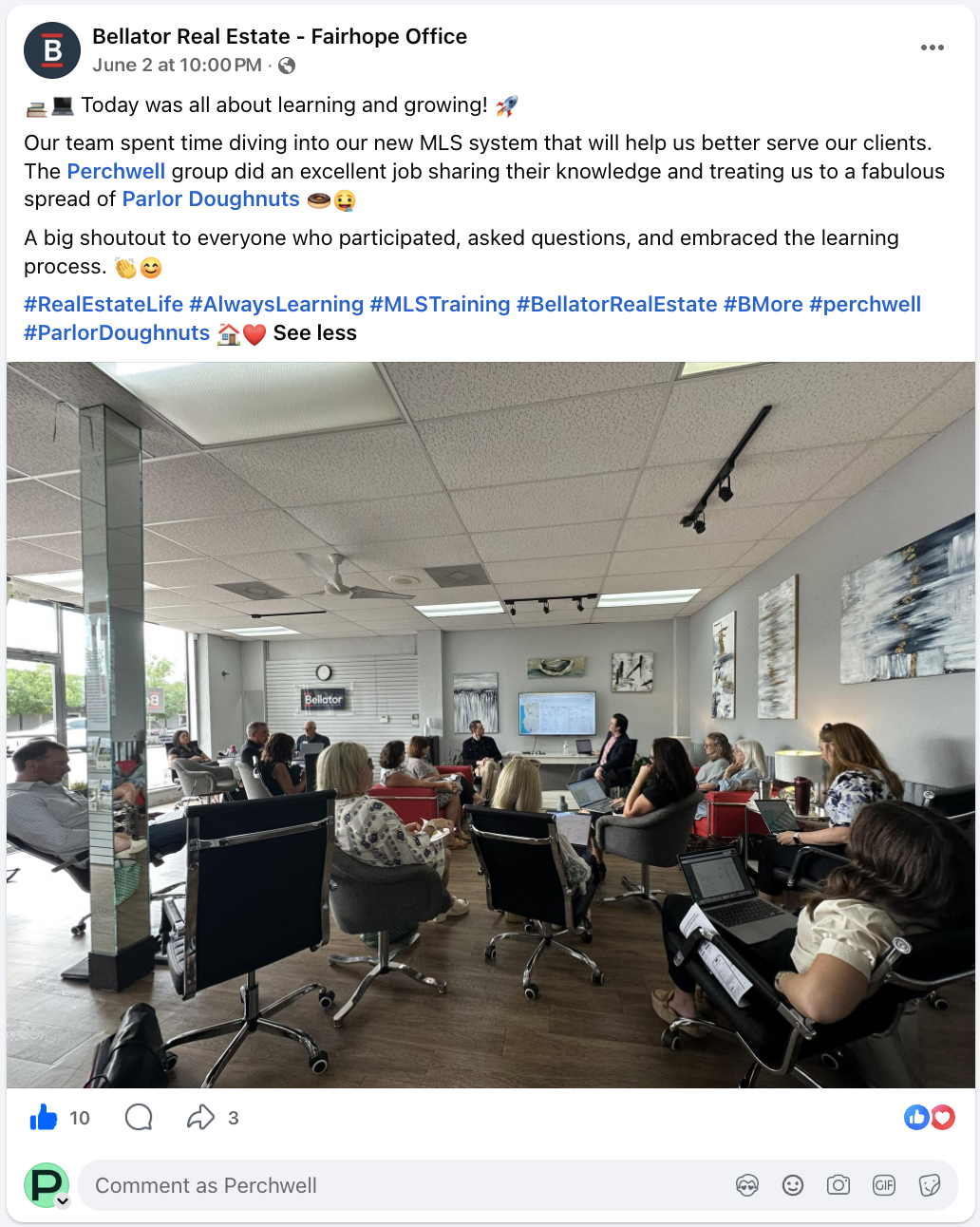 Bellator Real Estate - Fairhope Office Facebook post about Perchwell learning session